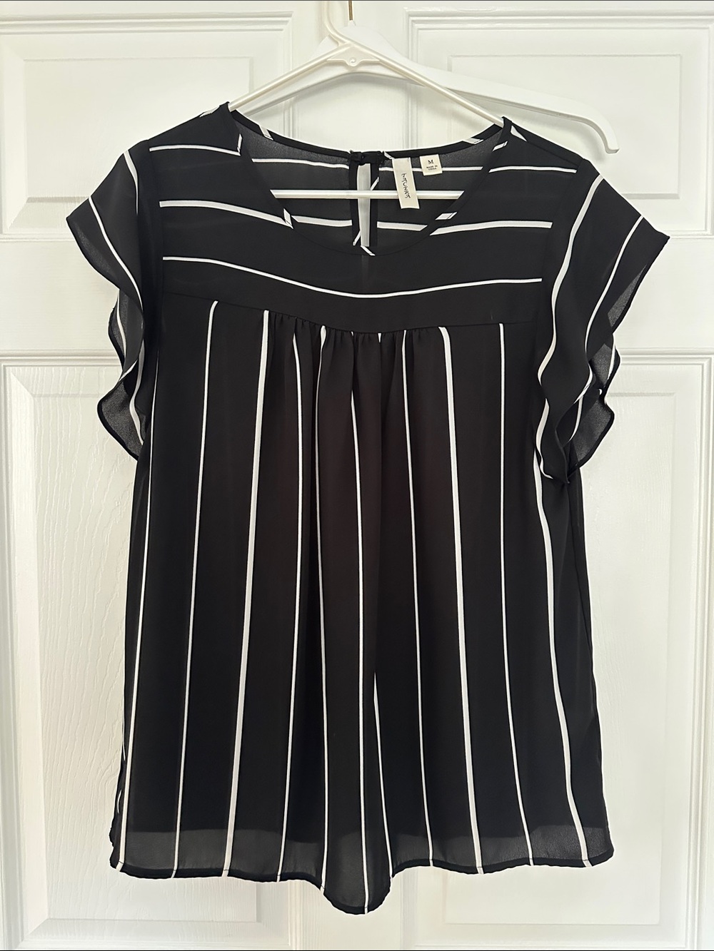 Tacera Black and White Vertical-Stripe Flutter Sleeve Blouse